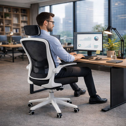 Chaise de Bureau en Maille avec Dossier en S, Appui-tête et Accoudoirs Réglables