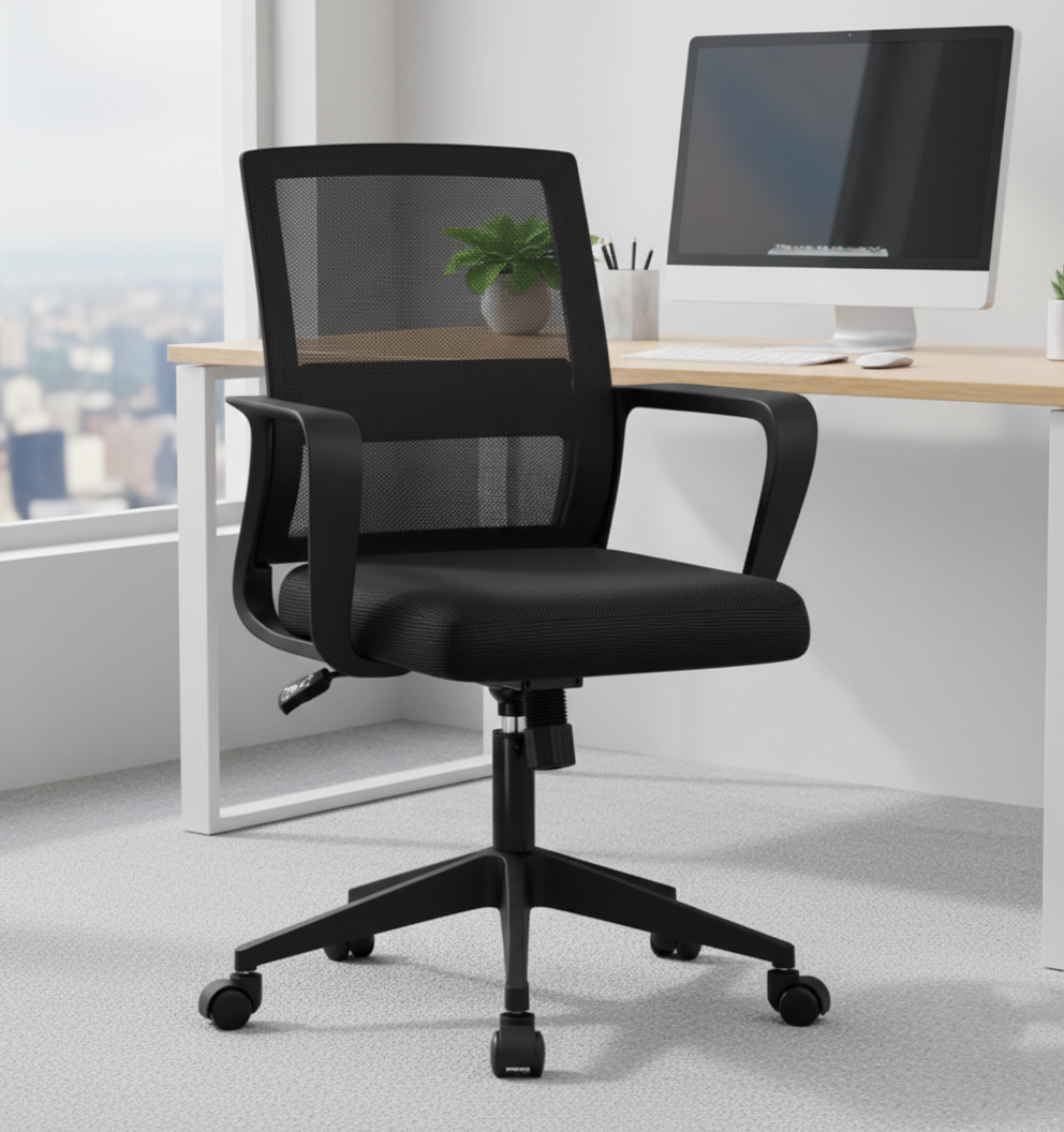 Chaise de Bureau Noire en Maille avec Roulettes